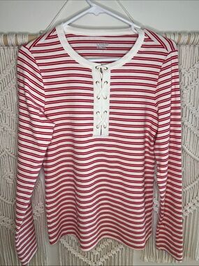 Lands' End Red & White Striped Lace-Up Ribbed Long Sleeve Top
